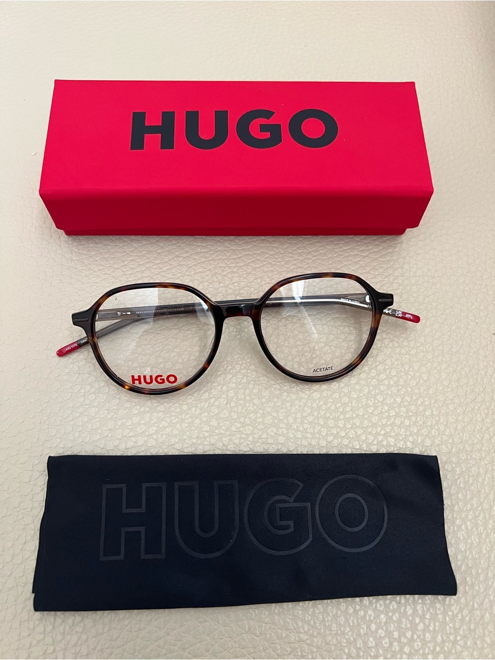 HUGO Men’s Tortoiseshell Round Acetate Glasses with Red Temple Tips